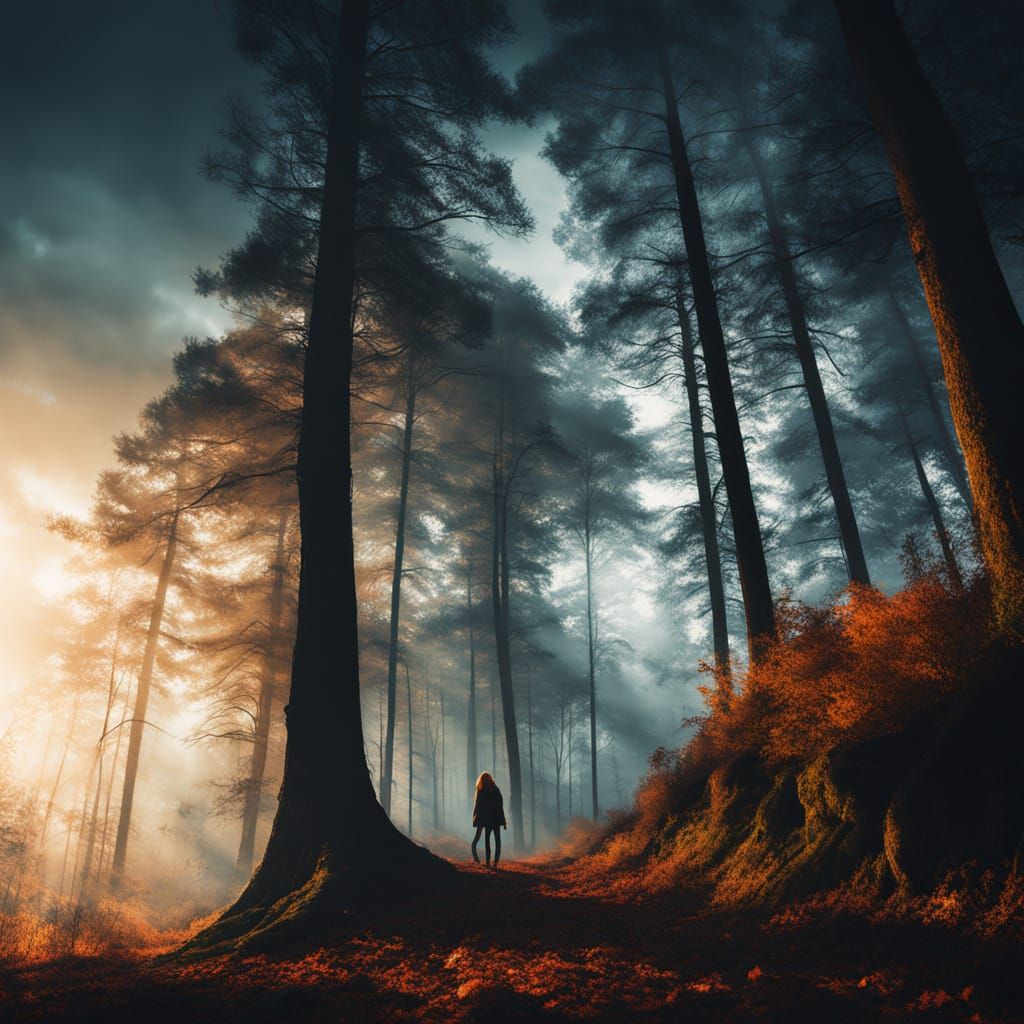 Female Angel Silhouette Over Double Exposure Autumn Forest