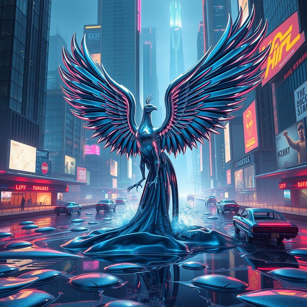 Epic Futuristic Phoenix Rises from Liquid Mercury