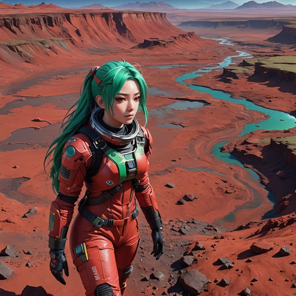 Girl in Red Space Suit on Mars, Anime Art