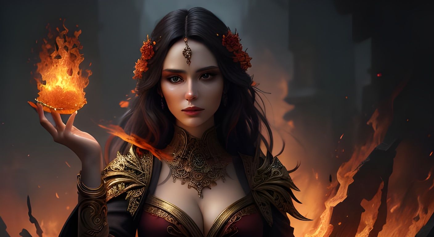 Beautiful Woman Holds Fire in Dramatic Digital Painting