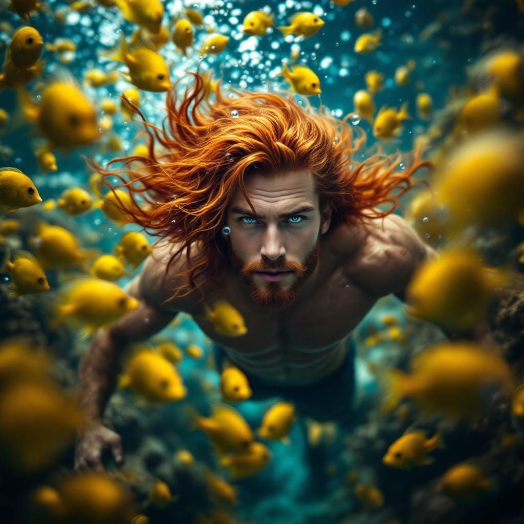 Muscular Red-Haired Merman Among Yellow Fish