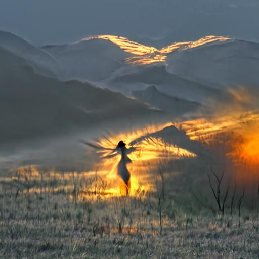 Winged Woman in Sunrise Landscape
