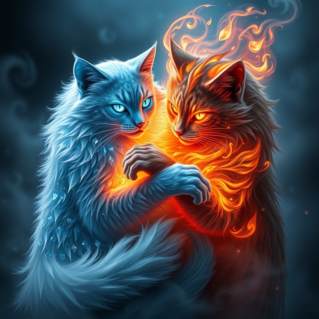 Intertwined Ice Cat and Fire Cat: Fantasy Art