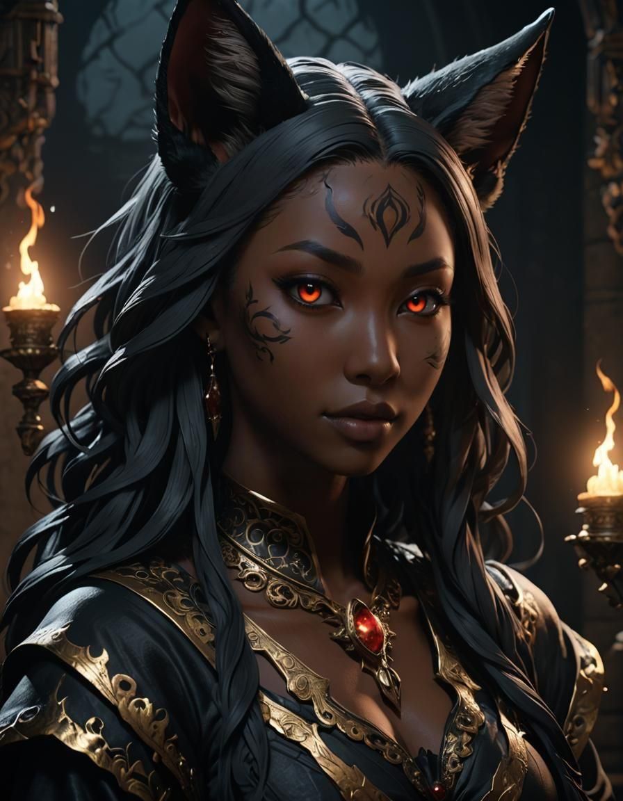 Black Kitsune Woman in Anime Style 3D Art