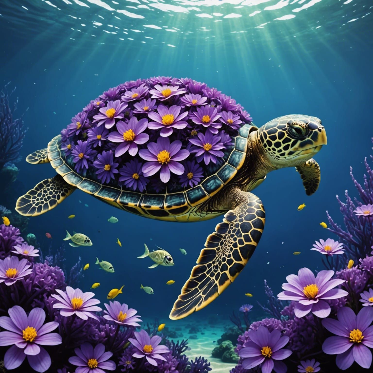 Floral Turtle Swimming in the Sea