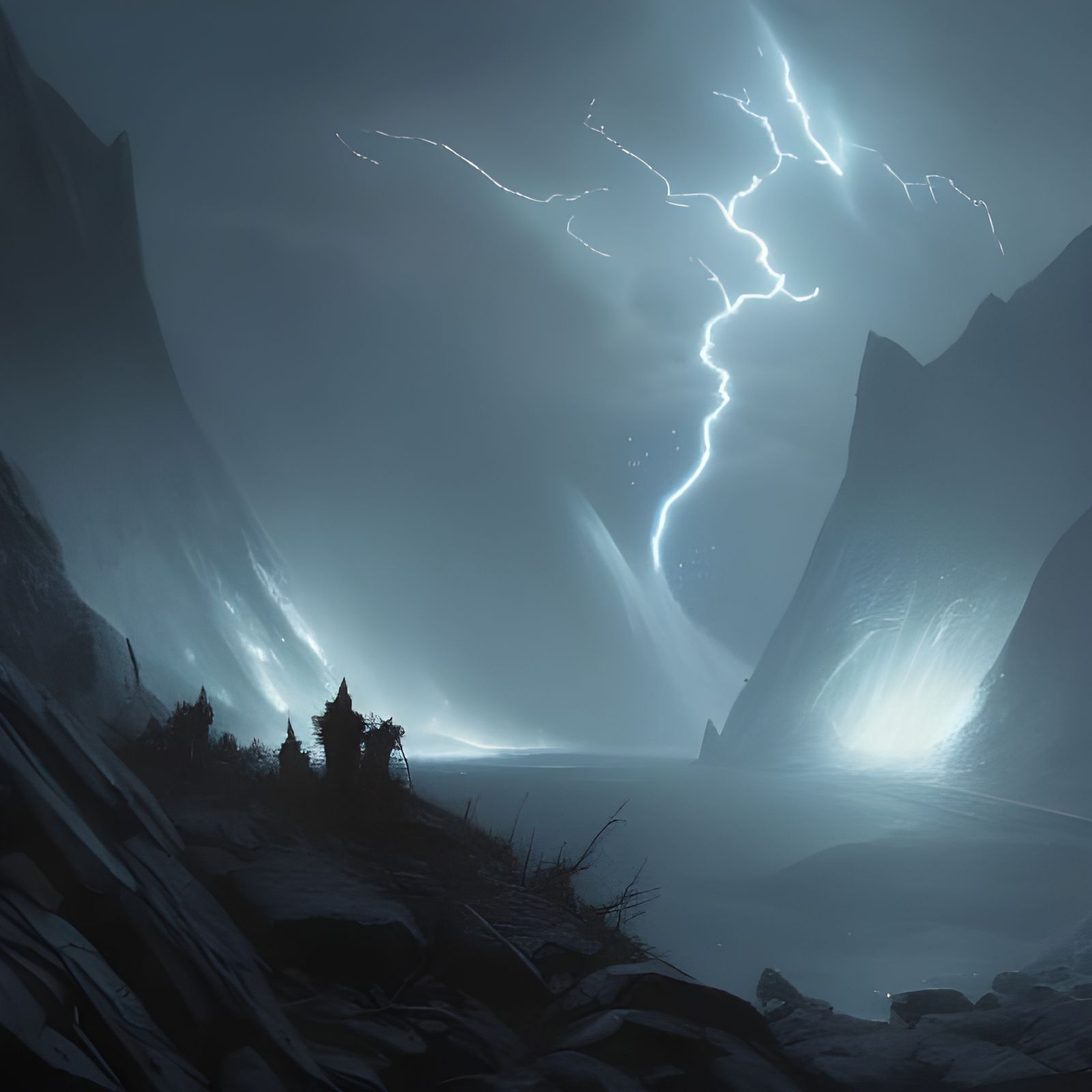 Lightning Strikes Winter Mountain: Dark Fantasy Art