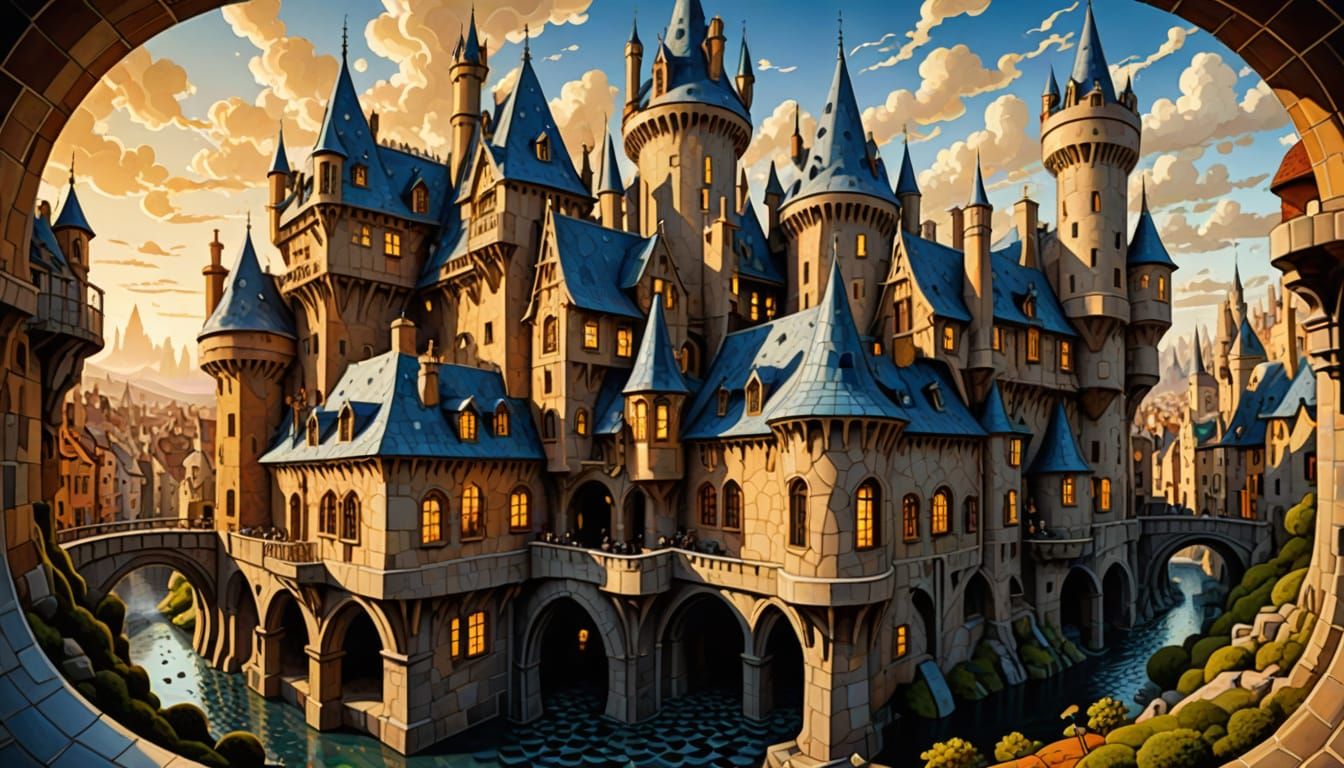 Surreal Cityscape of The Leaky Cauldron in Vibrant Tessellat...