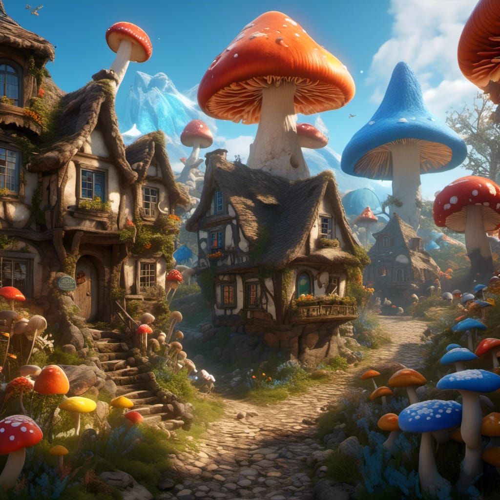 Mushroom Village with Fairies in Hyperreal Style