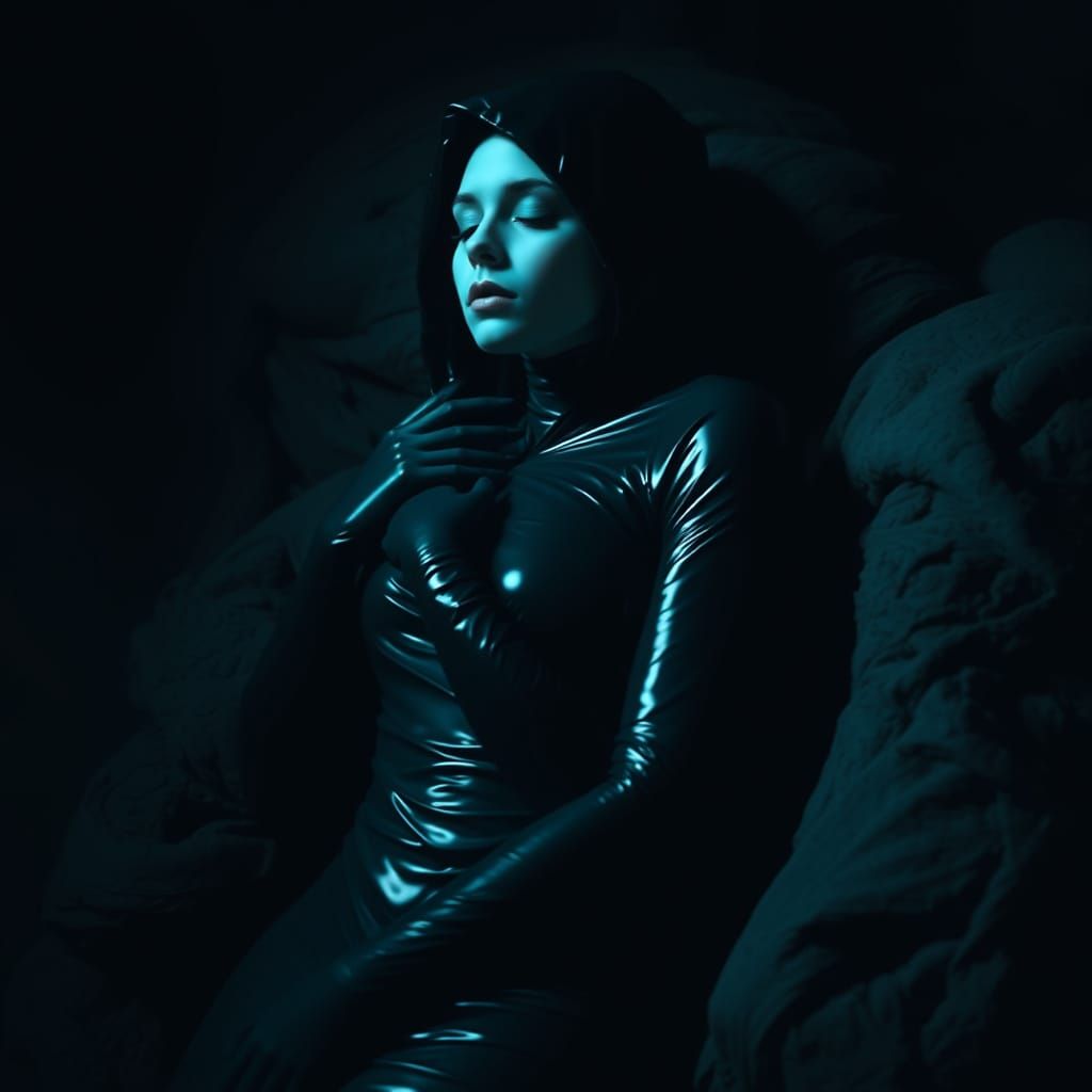Mummified Woman in Black Latex Sleep Sack