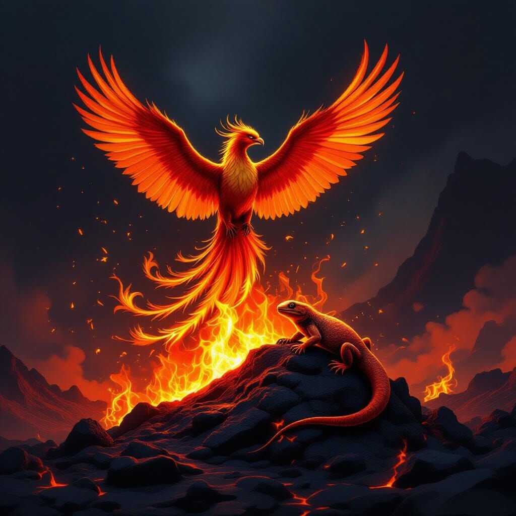Majestic Fire Creatures in Volcanic Landscape