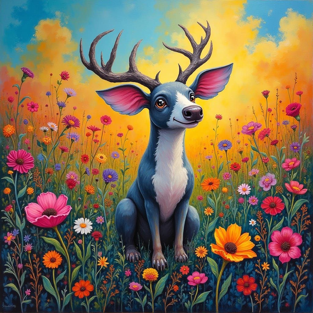 Fauvist Puppy Deer Among Wildflowers