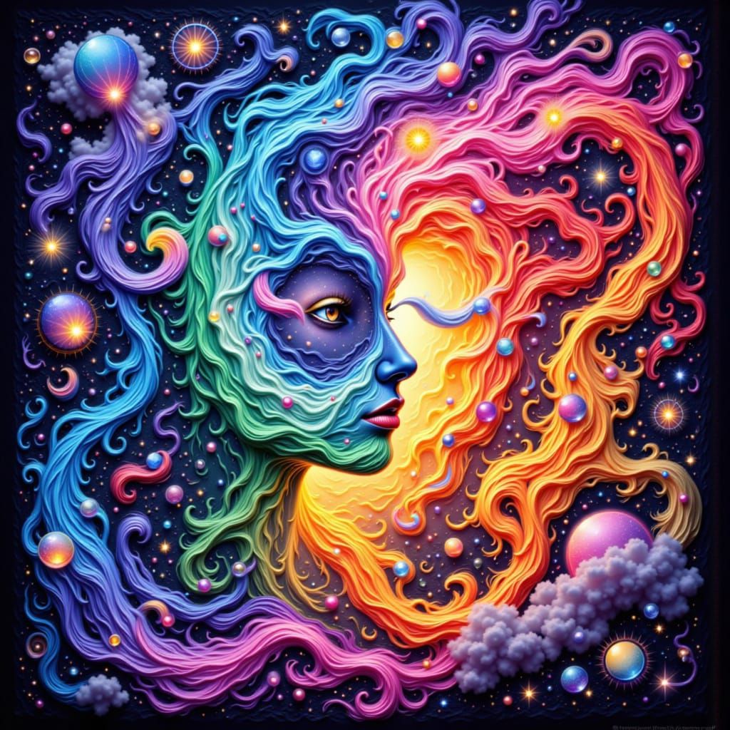 Rainbow Storm Double Exposure in Art Nouveau Style