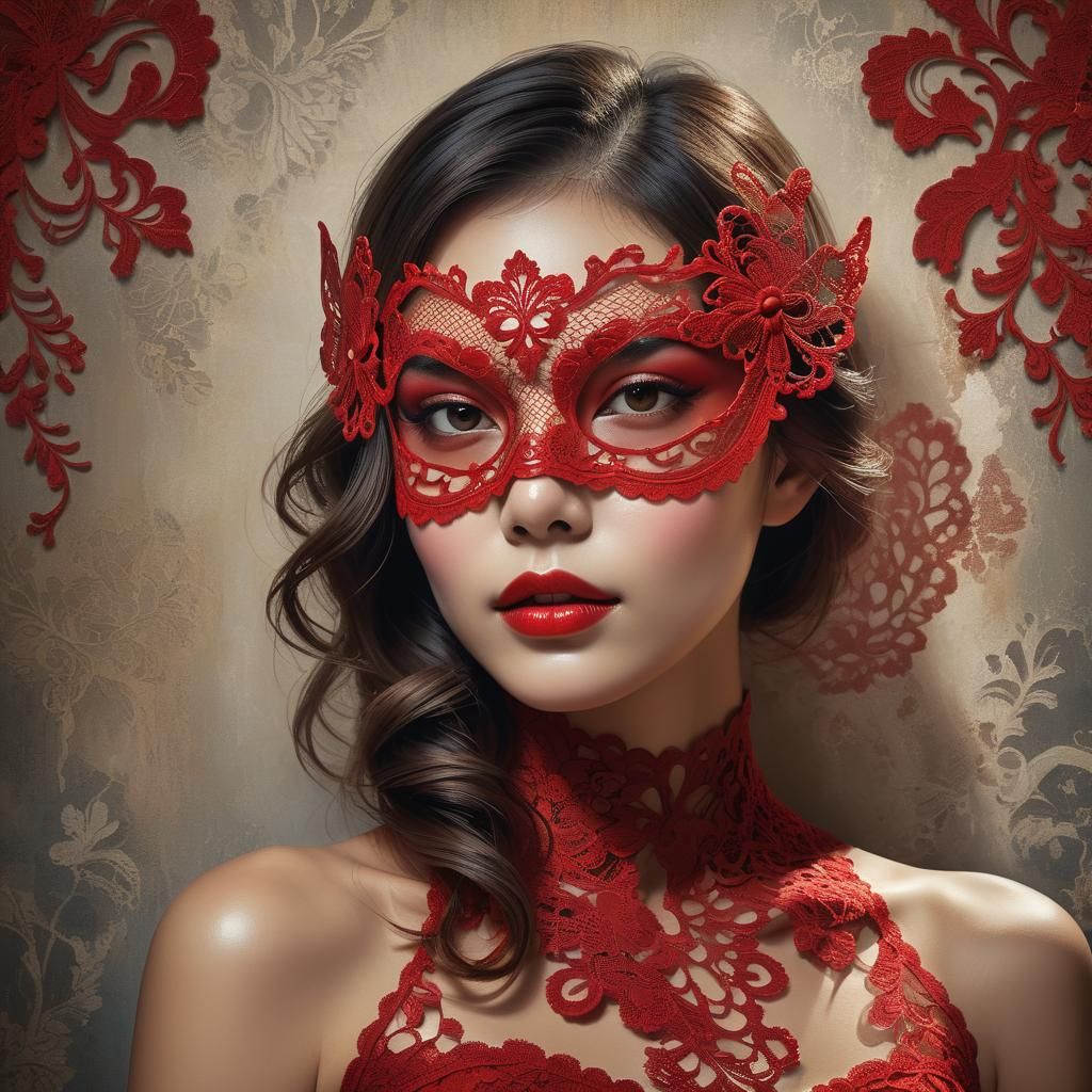 Woman in Red Lace Mask: Hyperrealistic Concept Art