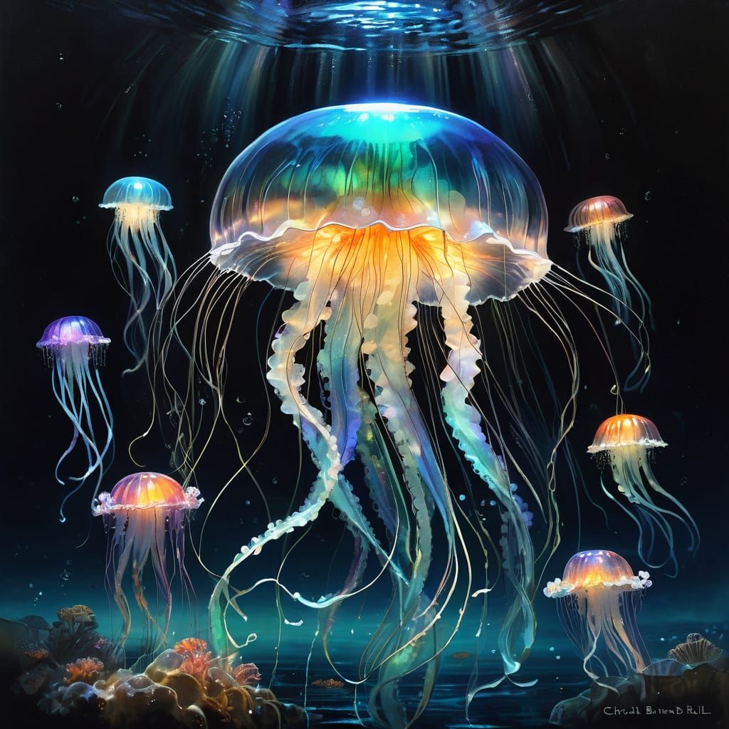 Bioluminescent Jellyfish with Porcelain Flowers