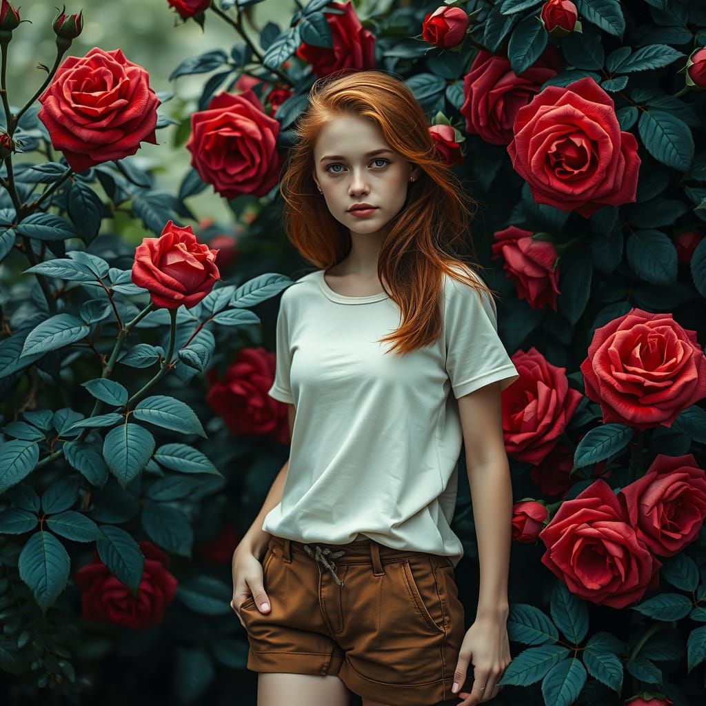 Red-Haired Woman Surrounded by Black Rose Bushes