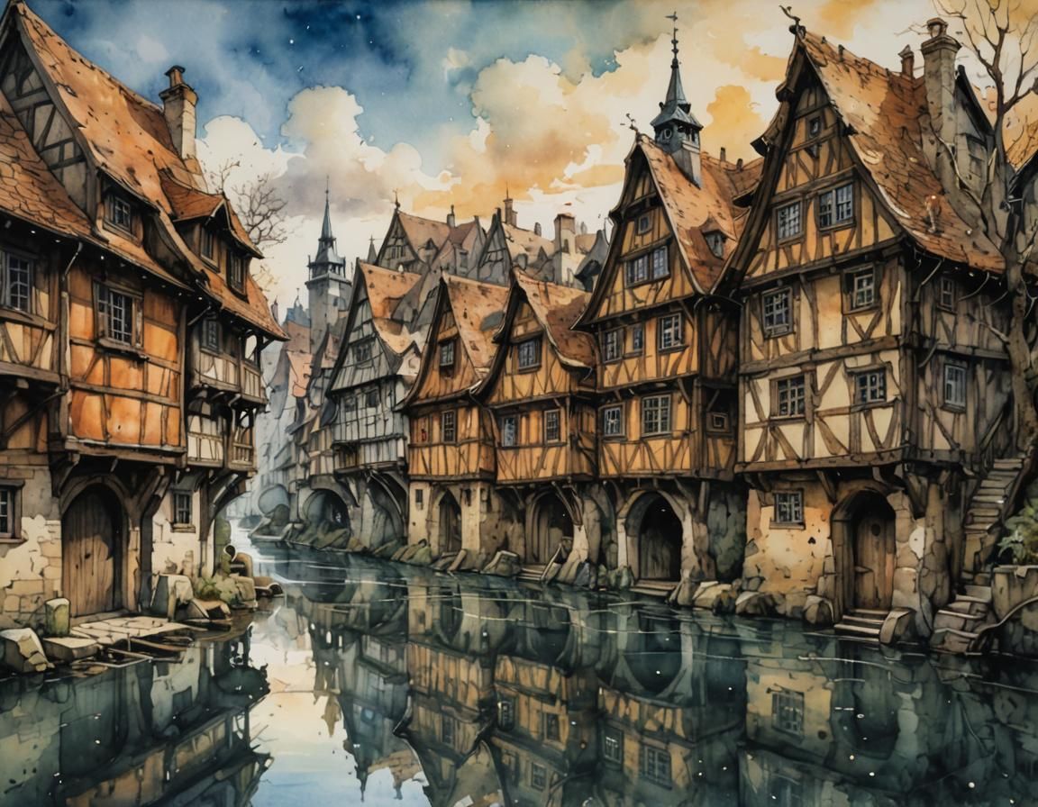 Charming Village by River in Watercolor and Ink