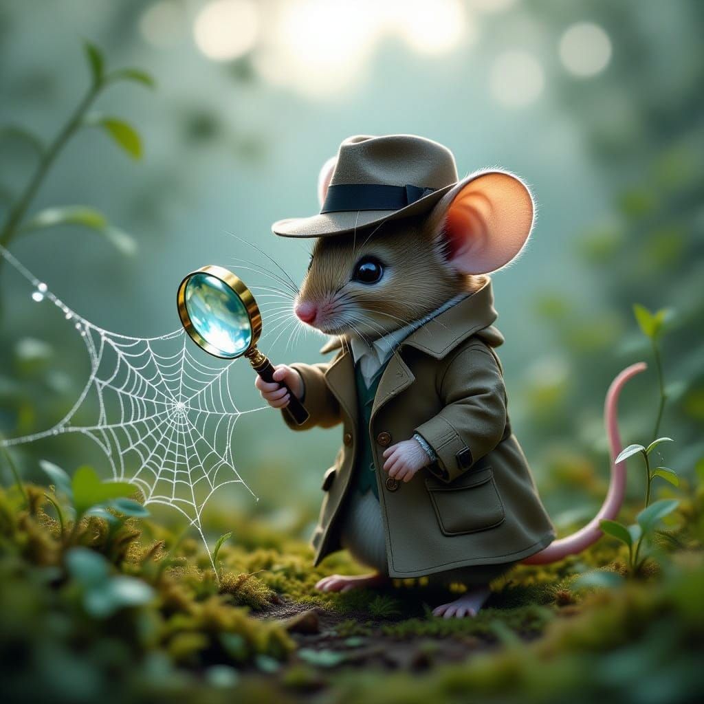 Mouse Detective Investigates Dewdrop on Spiderweb