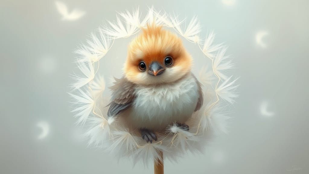 Whimsical Fantasy Dandelion Scene with Fluffy Baby Bird