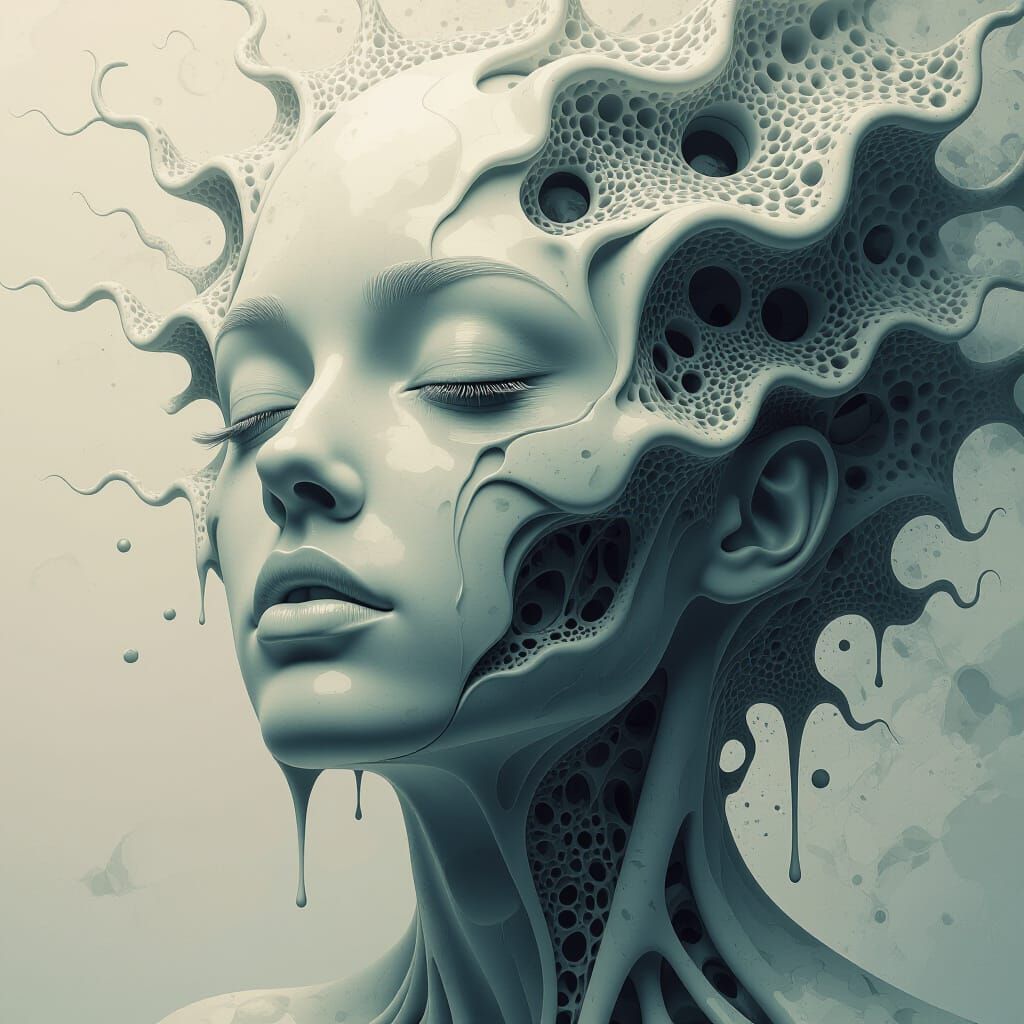 Melting Face in Static, a Surrealist Art Piece