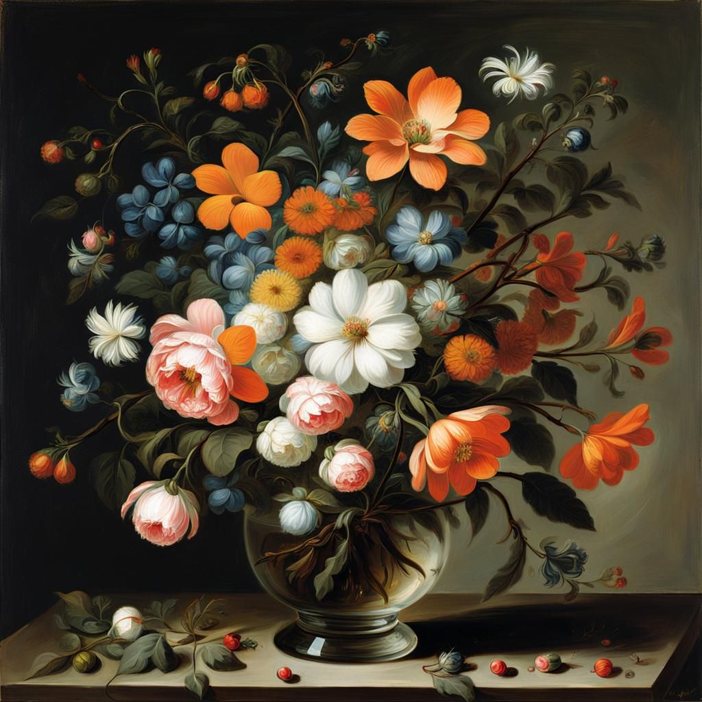 Flowers in Glass Pot in Dutch Golden Age Style