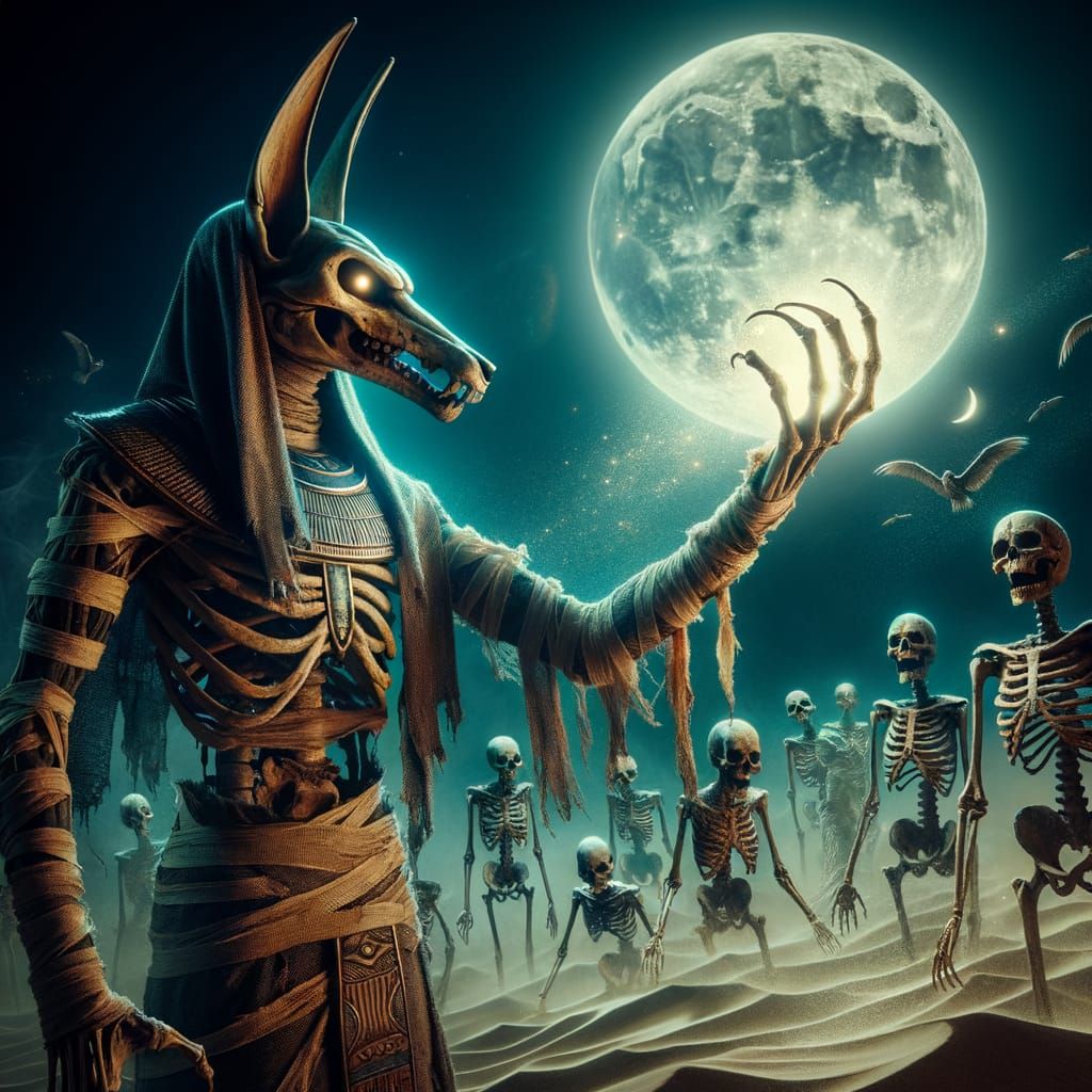 Skeletal Anubis Summons Undead in Moonlit Desert