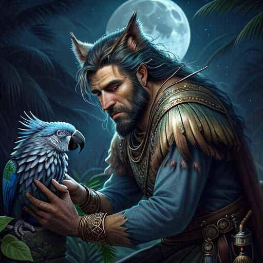 Parrot Woman in Sunset Garden, Mystical Realism Portrait