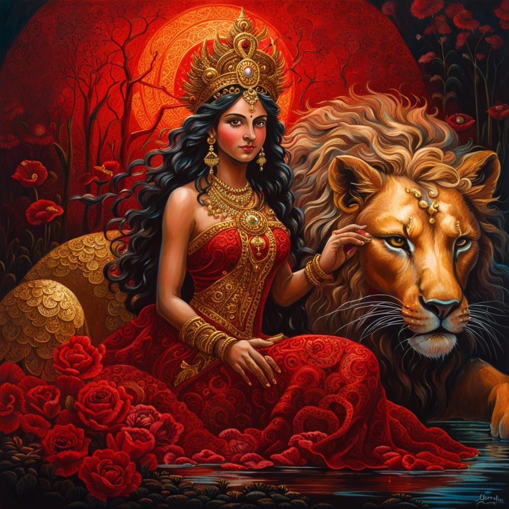 Bioluminescent Goddess Durga in Lace Art