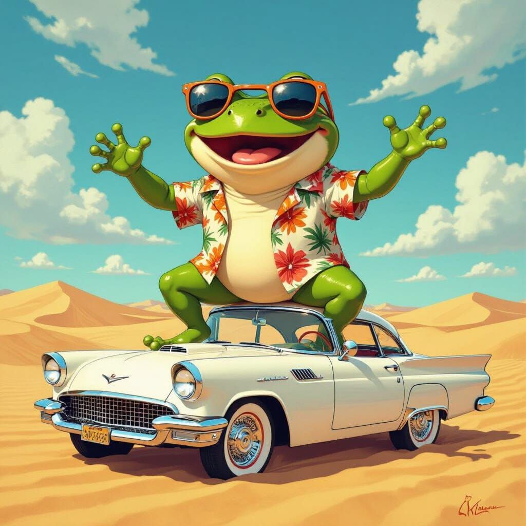 Frog Dances on Car in Desert, Vibrant Art Style