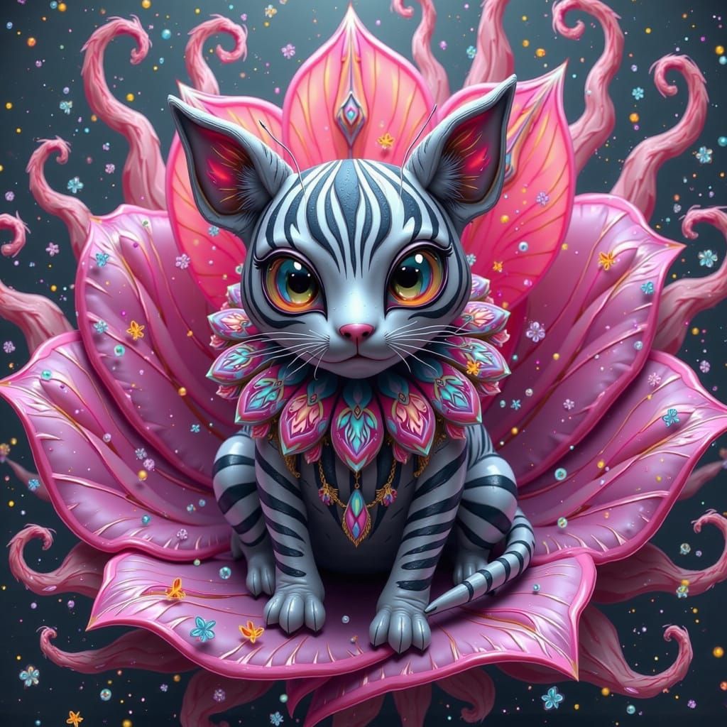 Zebra Cat on Pink Flower in Hyperkraximalismus Style