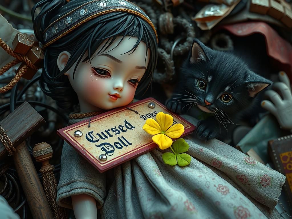 Anime Miko Doll and Kitten in the Rain