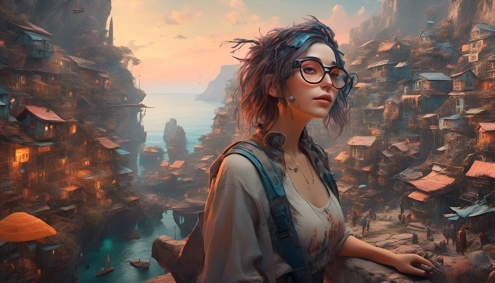 Cyberpunk Village on Sea Cliff With Woman