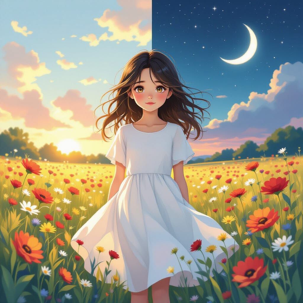 Girl in Dual Landscapes: Hope and Somberness