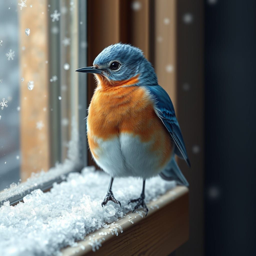 Eastern Bluebird on Icy Windowsill in Hyperrealistic Style