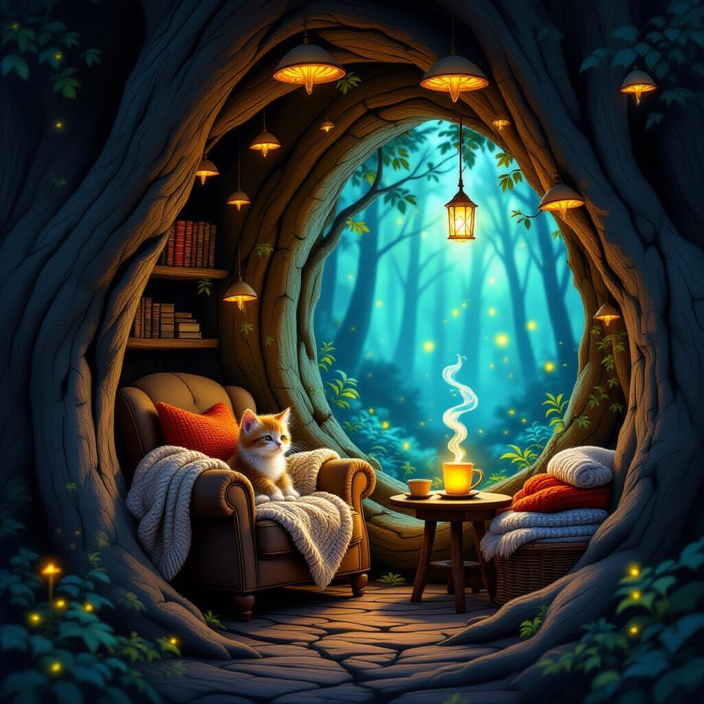 Enchanted Forest Reading Nook with Kitten
