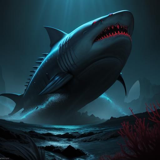 Bioluminescent Armored Shark in Ominous Ocean Depths