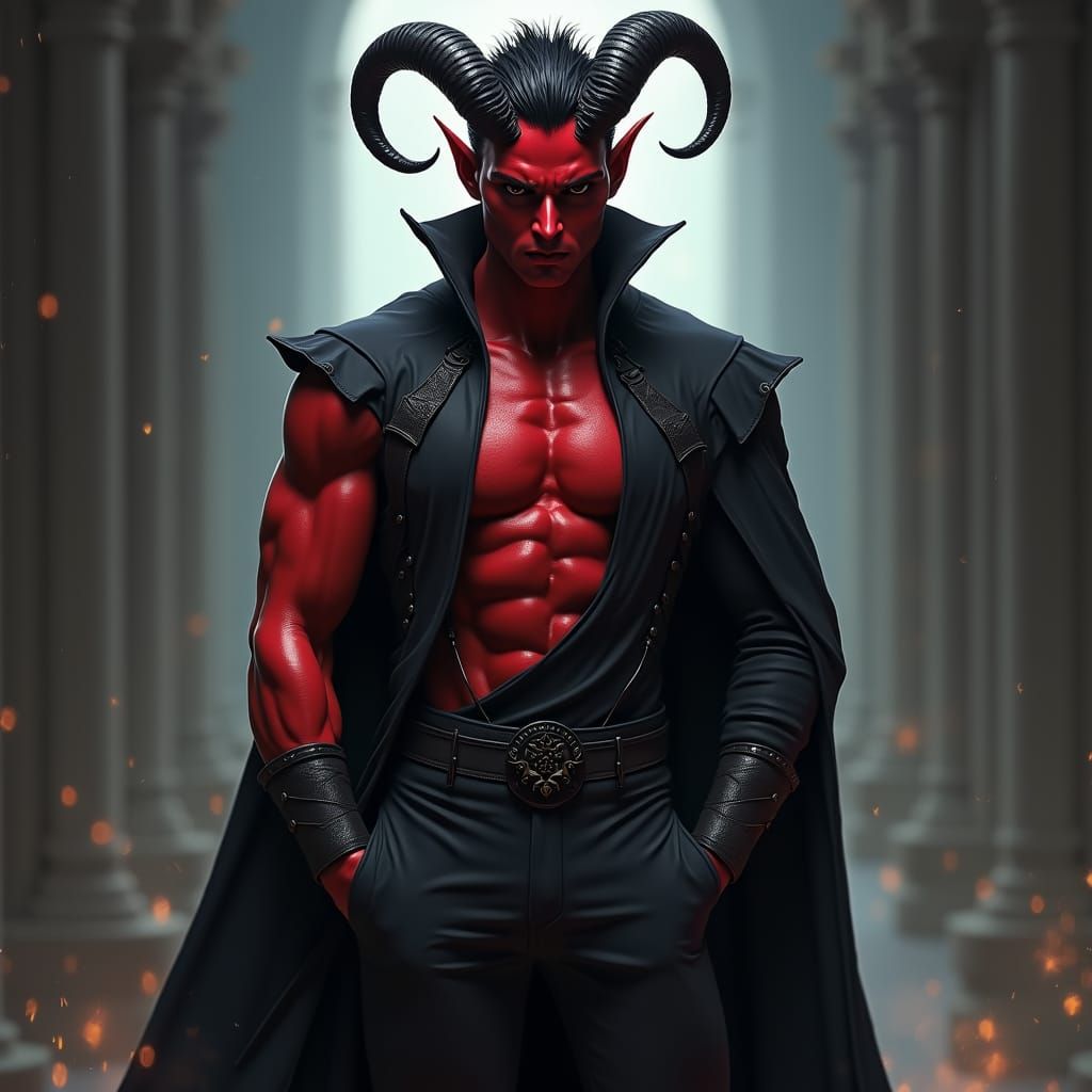 Striking Tiefling Warrior in a Dark Fantasy Scene