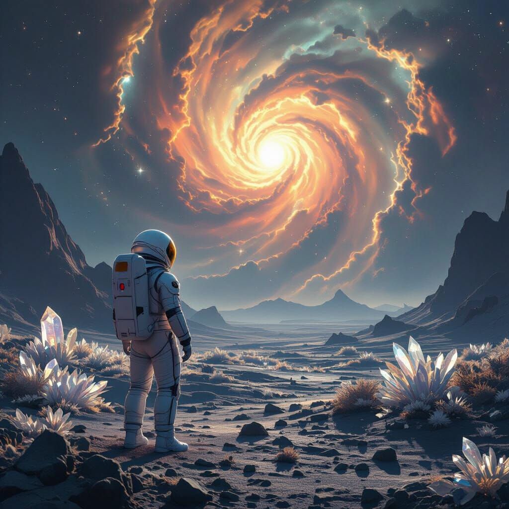 Astronaut Gazes at Nebula on Alien Planet