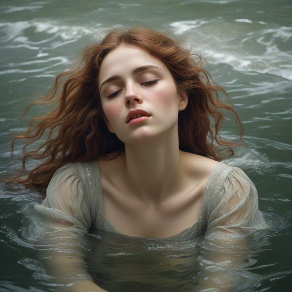 A Melancholic Woman Sinks into a Crimson Sea, Embracing the....