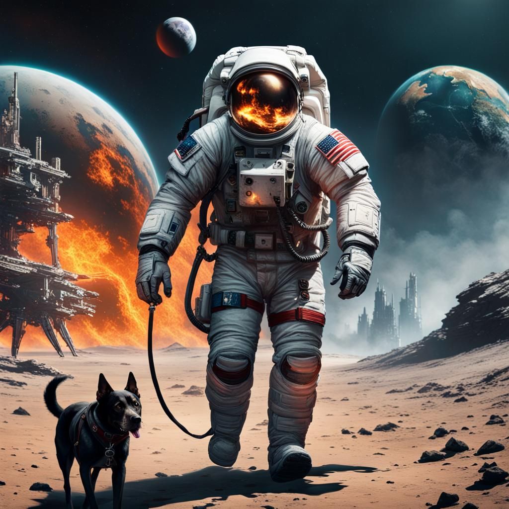 Cyberpunk Astronaut Walking Dog on Burning Moon