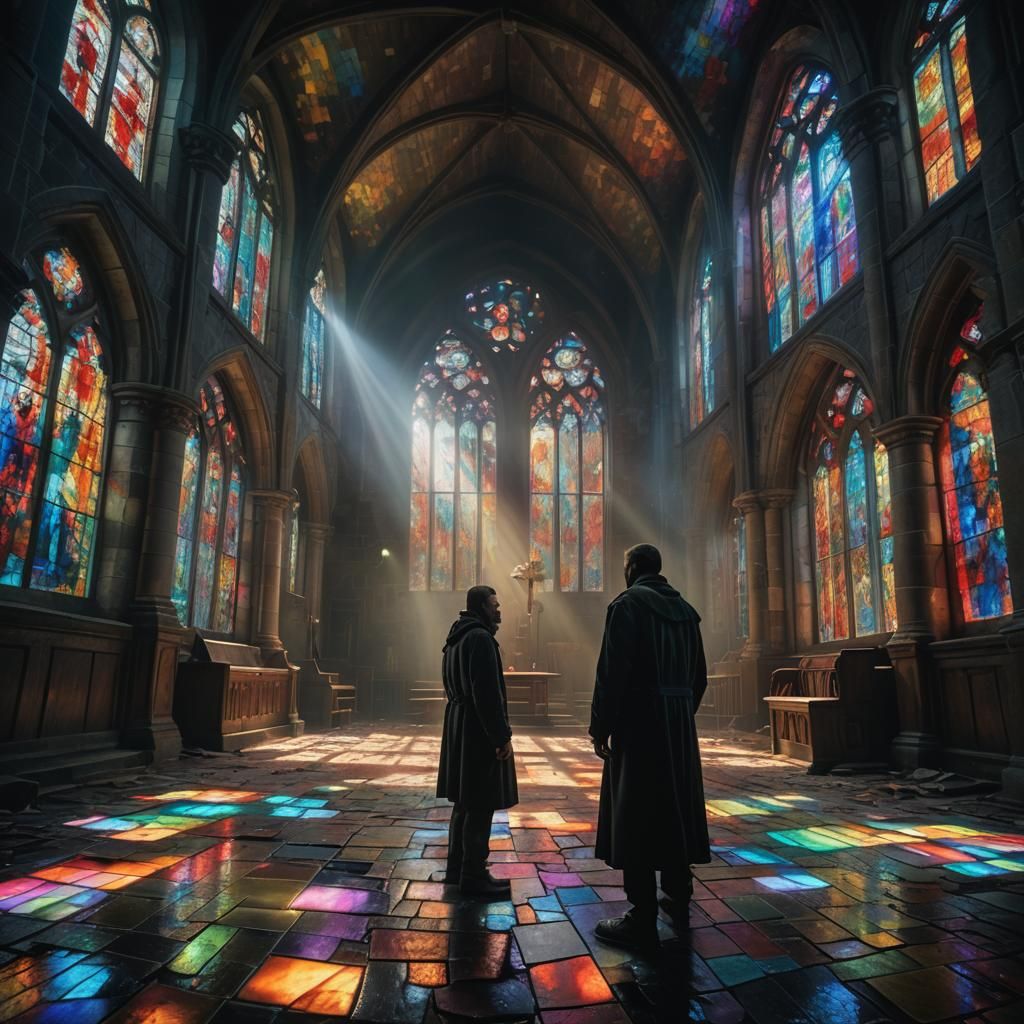 Ominous Figure in Abandoned Church, Dark Fantasy Art