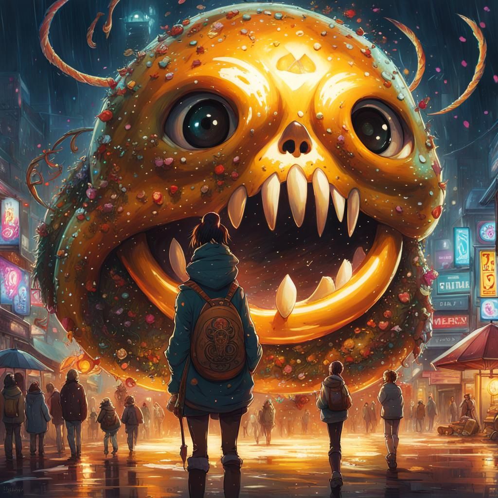 Glittering Pretzel with Cheese Dip in Anime Style