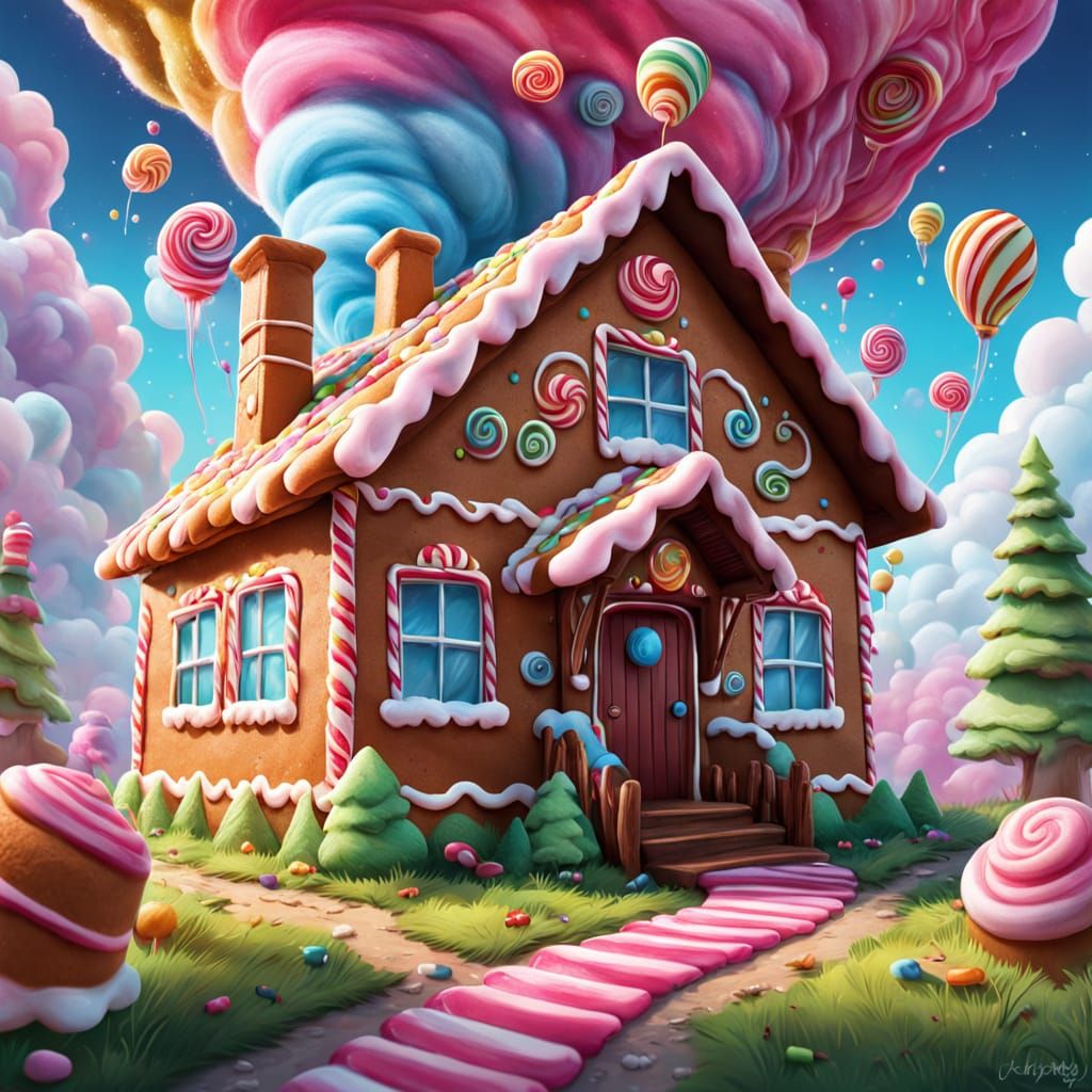Whimsical Gingerbread House with Cotton Candy Clouds