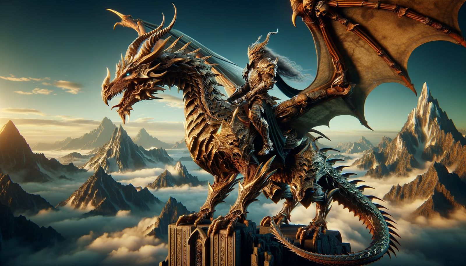 Dragon Rider on Mountain Peak, Fantasy Concept Art