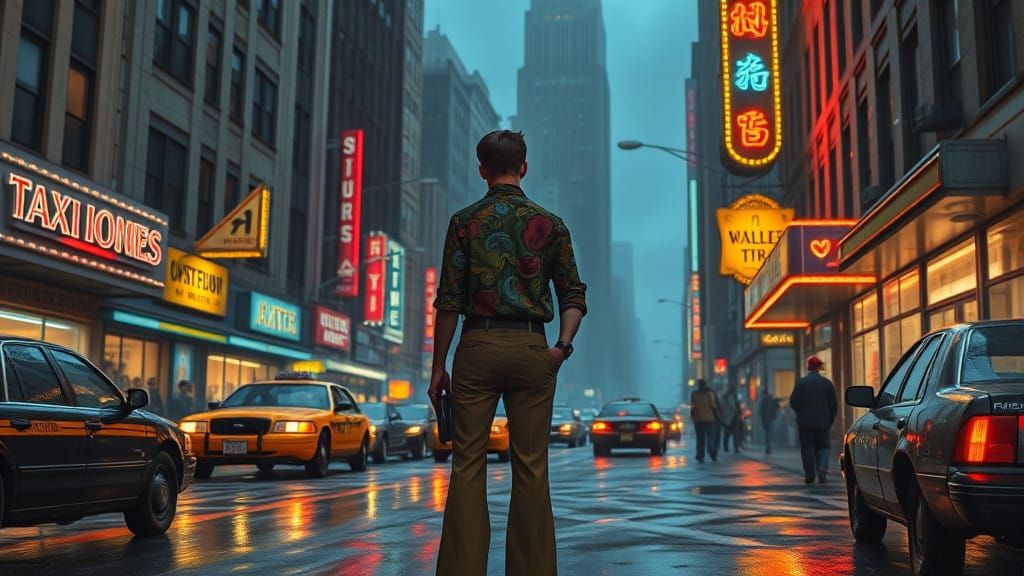 Gritty NYC Street Scene in 1970s Style with Whimsical Twist