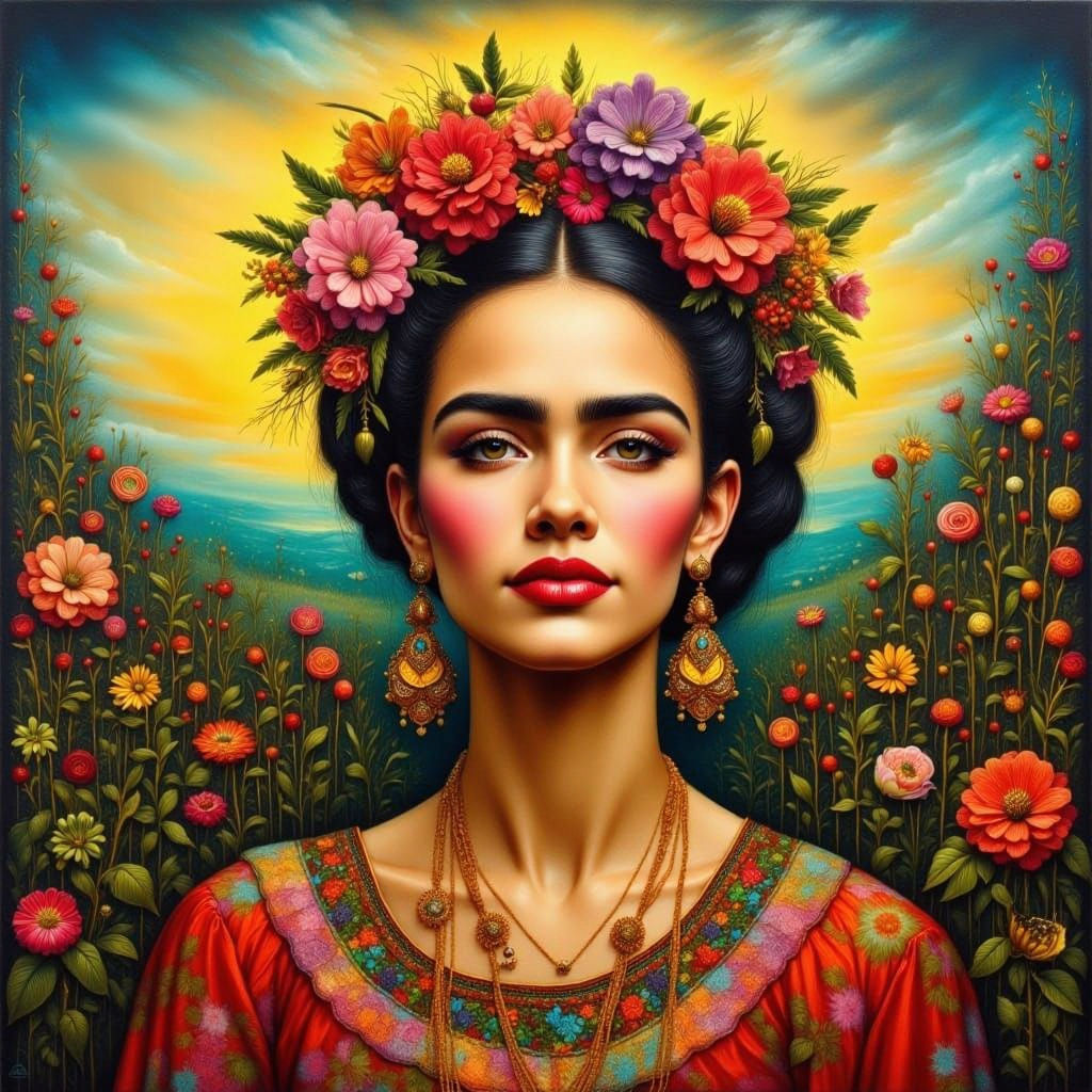 Frida Kahlo-Inspired Portrait in Magic Realism Style