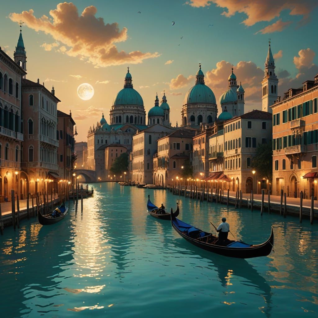 Venetian Gondolas on Turquoise Water at Sunset