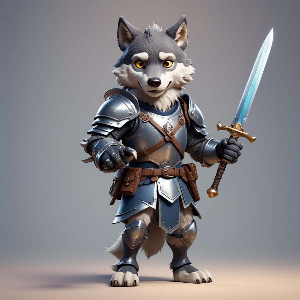 Cute Wolf Knight with Sword as 3D Digital Art