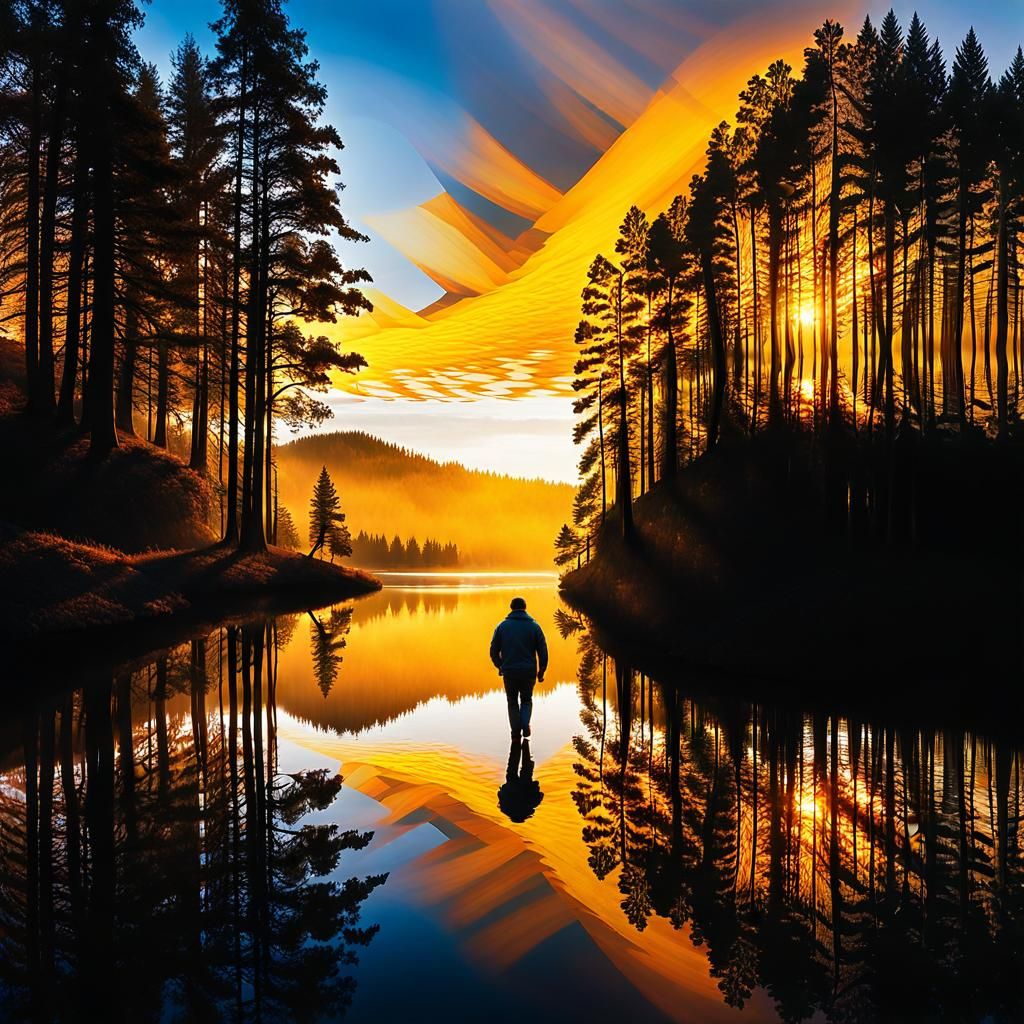 Person Blends Into Forest Landscape in Cubist Style