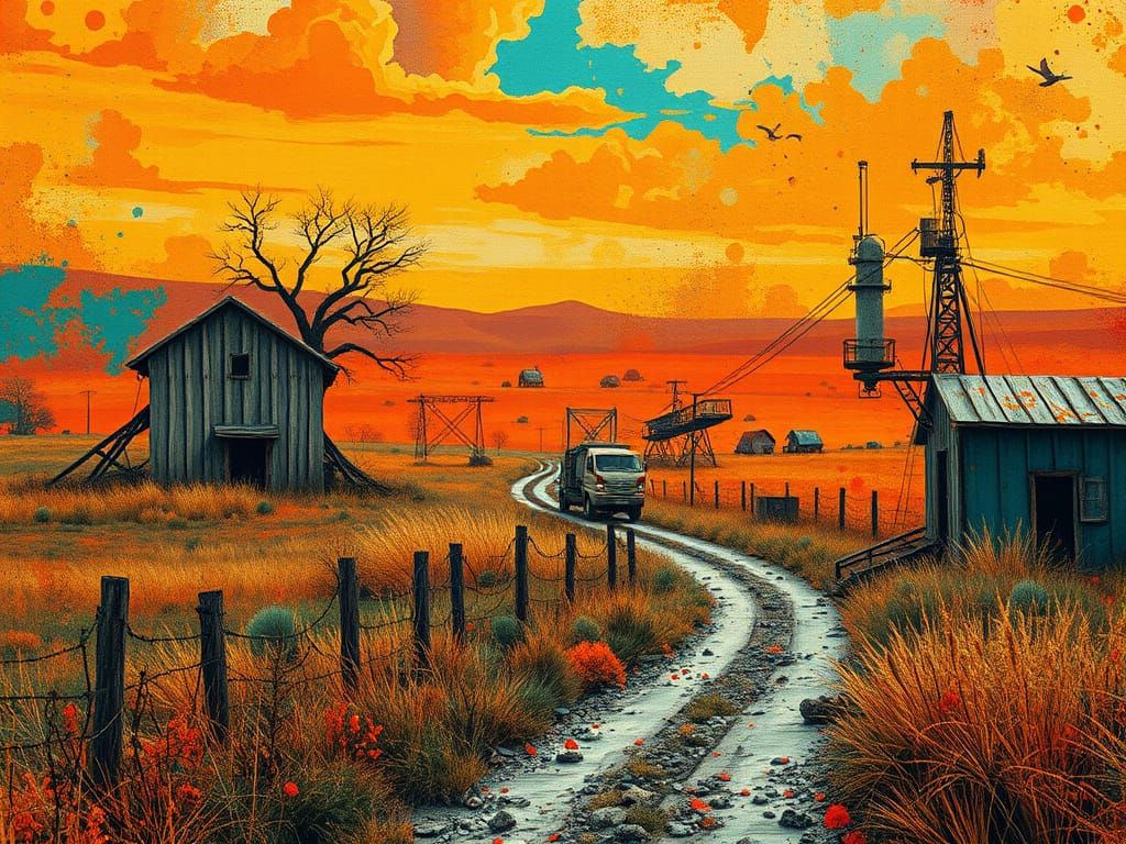 Rustic Country Scene in Vibrant, Abstract Textures