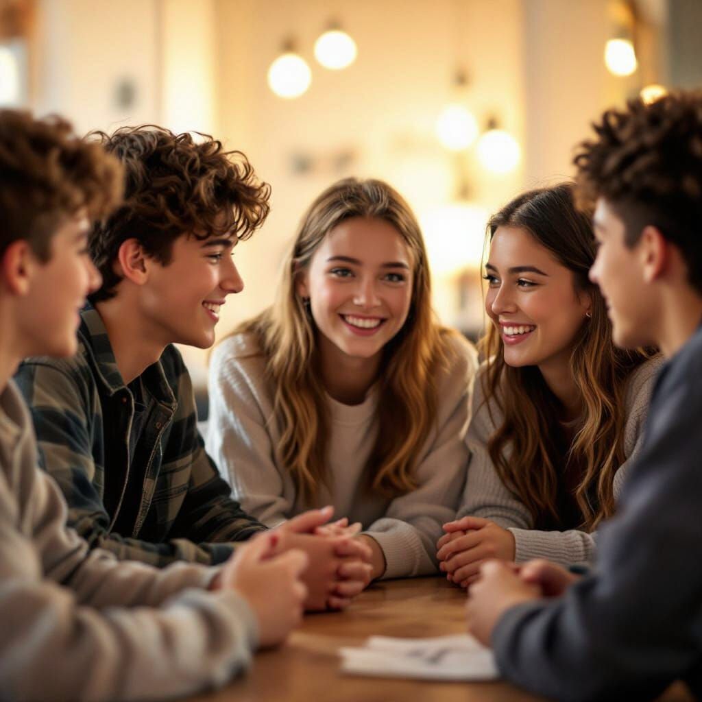 Realistic Teens Chatting Happily in Warm Light